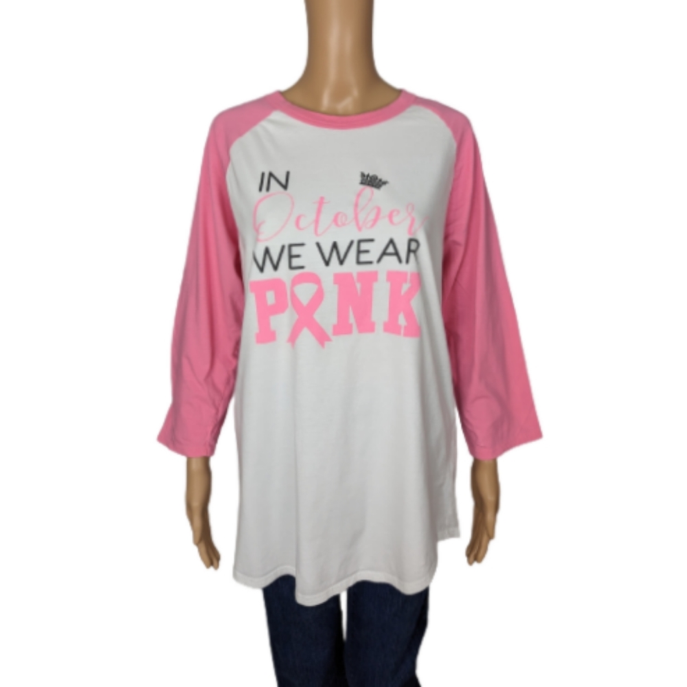 Sport-Tek Pink and White In October We Wear Pink Baseball Tee L